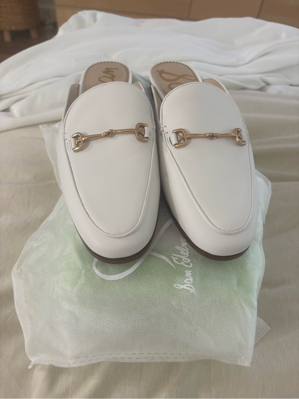 Sam Edelman White Leather Slip-On Mule with Gold Bit